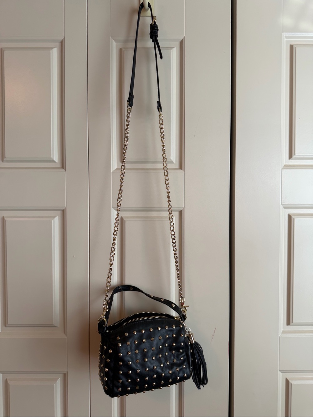 Black Studded Crossbody Bag with Tassel